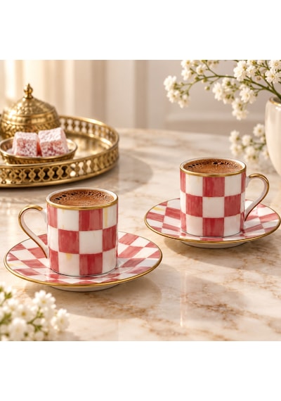 2 Kişilik Türk Kahvesi Fincan Takımı Pudra Kareli Desenli Altın Yaldızlı Kahve Seti Pudra Pembe