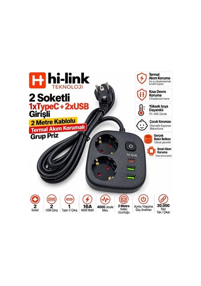 Hi-link Hla-800-2s 2mt/2 Priz/2 Usb/1 Type-c/siyah/termal Akım Korumalı Priz 2 m