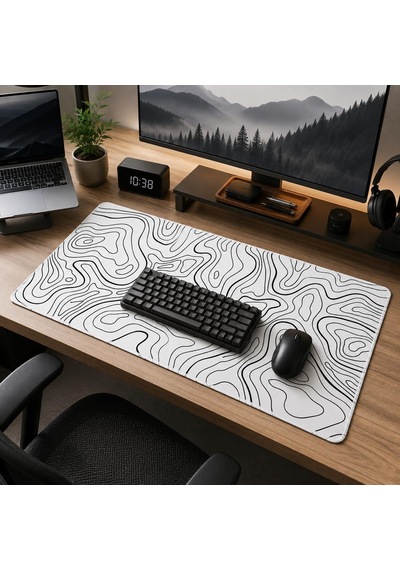 90x40 Cm Mouse Pad, Siyah Topografik Kontur Desenli Büyük Gaming Mouse Pad, Kaymaz Kauçuk Tabanlı, Dikişli Kenarlı