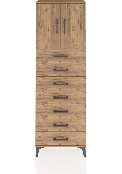 Arges Dolap 2 Raflı 7 Çekmeceli 2 Kapaklı 60x30x182 Çam-çam Çam