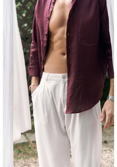 Mai Collection Mai Studios Co. Ombretta Bordo Keten Oversize Erkek Gömlek Bordo