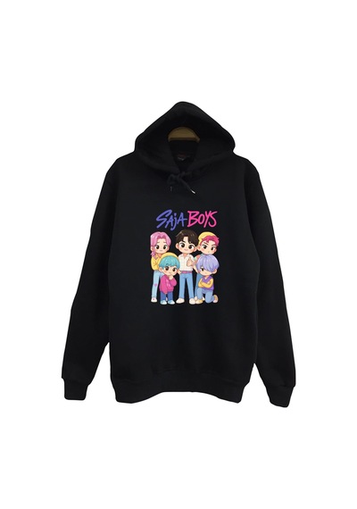 K-pop Demon Hunters Saja Boys Baby Saja Baskılı Unisex %100 Pamuk Kapüşonlu Siyah Sweatshirt Siyah