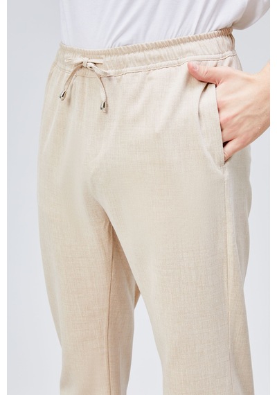 HLT Jeans Erkek Bej Relaxed Fit Yandan Cepli Beli Lastikli Bağcıklı Duble Paça Jogger Pantolon Bolt-1999 Bej