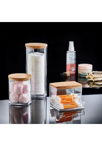 Ahşap Görünümlü Kapak 3'lü Organizer Set, Modern Pamukluk Düzenleyici Şık 3'lü Pamukluk Set - Şık Ve Fonksiy Çok Renkli