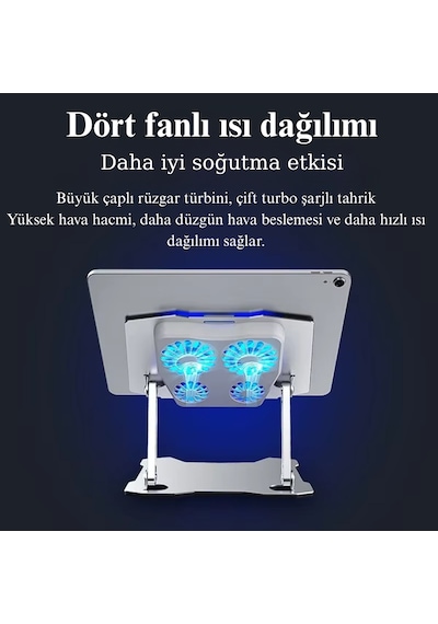 X16 Alüminyum Katlanabilir Laptop Soğutucu Stand 4 Fanlı Led Işıklı Ergonomik Tasarım Soğutucu Stand