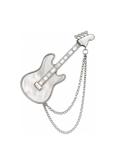 Gitar Broş Gümüş Renk Çift Zincirli Unisex Müzisyen Hediyelik Yaka Aksesuarı Açık Gri