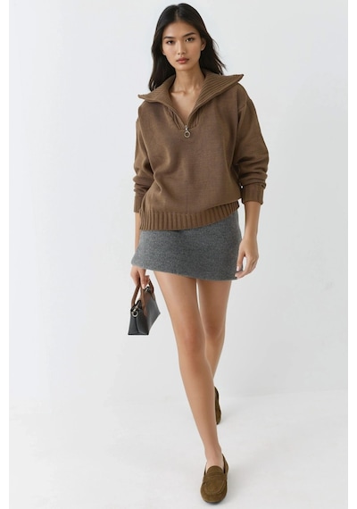 Hiccup My Fashıon Fermuarlı Yaka Oversize Triko Kazak Mocha Kahvesi