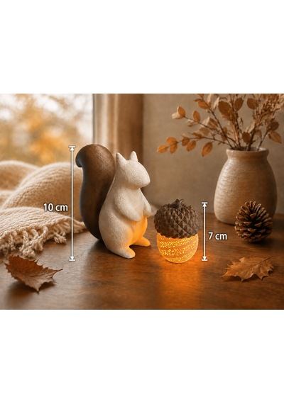 Sincap Ve Meşe Palamudu Biblo / Masaüstü, Raf Dekoru / Mini Sonbahar Kış Temalı Tealight Mumlu Set / 10x7 Cm Mum Dahil. Ten, Kahverengi