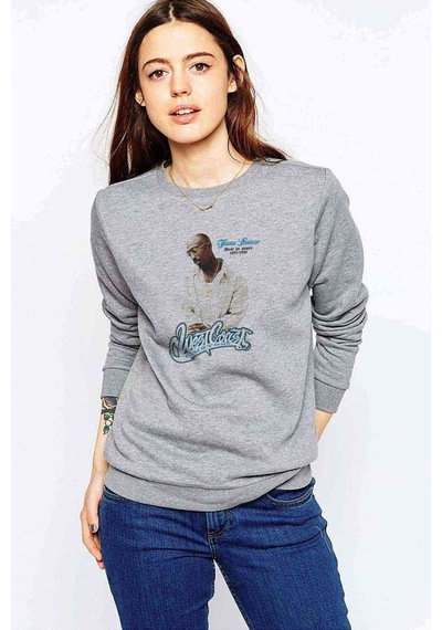 Rap Hiphop 2Pac Rip West Coast Baskılı Gri Kadın Sweatshirt