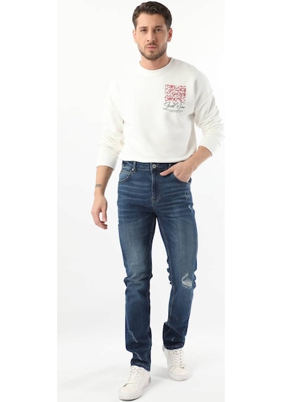 Erkek Dizi Yırtık Jean Pantolon Koyu Mavi 001
