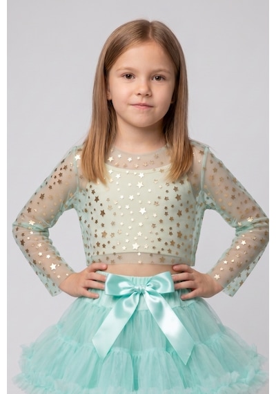 Le Mabelle Mint Uzun Kollu Yıldızlı Kız Çocuk Tül Crop Mint