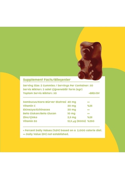 Gumitamin Sambucus Multivitamin Karamürver, Vitamin C+d3, Çinko, Beta Glukan Doğal Böğürtlen Aromalı