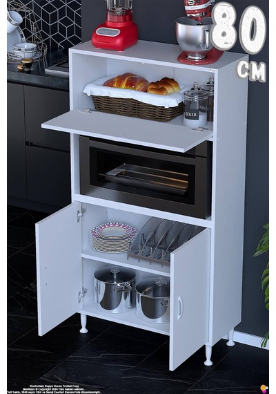 Rona 80 Cm Çok Amaçlı Mutfak Kiler Dolabı Raflı Mikrodalga Fırın Standı Banyo Dolabı 80x150x32 Cm Beyaz