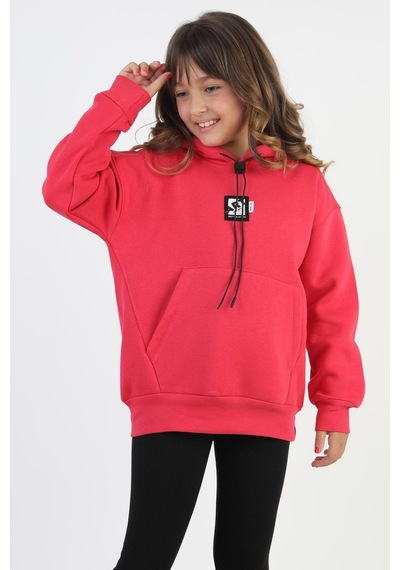 Kapüşonlu Art Baskılı Kanguru Cepli Kız Çocuk Sweatshirt-90847 Fuşya