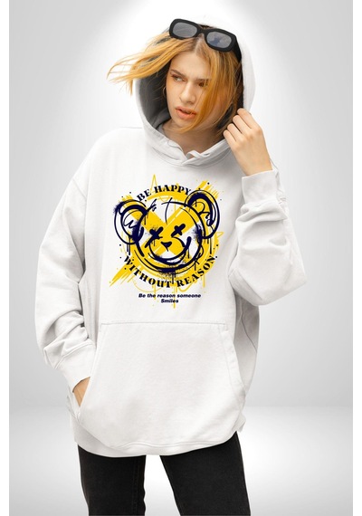 Sebep Olmadan Mutlu Ol Kadın Erkek Beyaz Kapüşonlu Sweatshirt Hoodie Beyaz