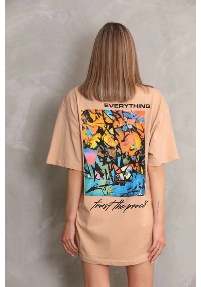 Freedom Storee Kadın Bisiklet Yaka Baskılı Oversize Kısa Kol T-shirt - Bej Çok Renkli