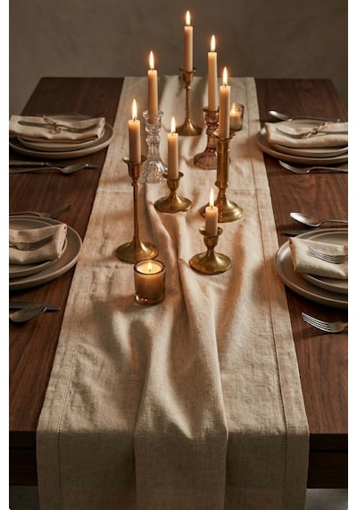 Lınen Organik Ham Keten Runner Naturel 40 X 110 Cm Bej