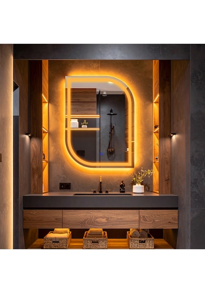 Curva Amber Led'li Kumlamalı Lavabo & Banyo Aynası Dokunmatik Sensörlü 80 X 60 Turuncu