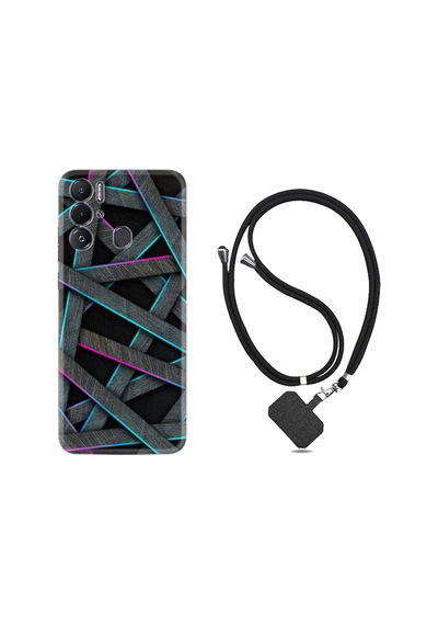 Tecno Pova Neo Kılıf İpli Boyun Askılı Desenli Silikon Gri Zigzag 1706