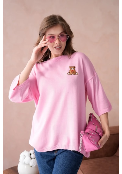 Park Karon 10729 Kadın Bisiklet Yaka Nakış Detay Oversize Trko Kazak Pembe