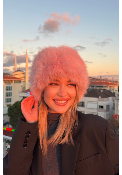 Mollycrush Elit Rus Slav Tarzı Suni Kürklü I Çi Deri Peluş Tüylü Kadın Kalpak Şapka Pembe
