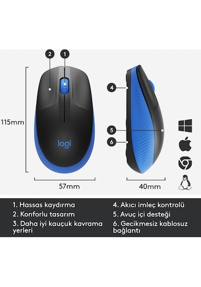 LOGITECH M191 KABLOSUZ 1000 DPI MAVİ MOUSE 9  0-005909