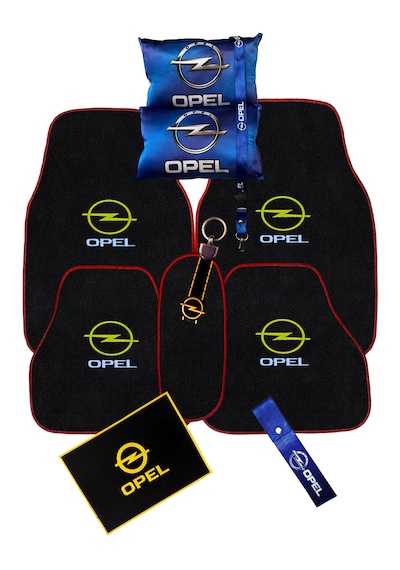 Opel Logolu 5 Parça Araç Halı Paspas Seti & Mavi Dijital Baskılı Boyun Yastık Aksesuar Seti