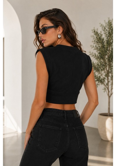 Velora Grup Kadın Crop Tişört Bisiklet Yaka Kolsuz Basic Crop Top Siyah - 912256706 Siyah