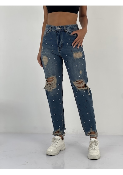 Miss Poem Kadın Taş Detaylı Lacivert Denim Kot Pantolon Lacivert