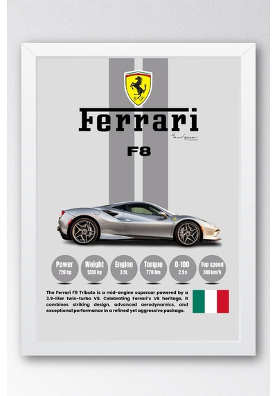 Ferrari F8 Premium V8 Spor Araba Tablosu - Teknik Özellikli İtalyan Otomobil Duvar Dekoru Beyaz