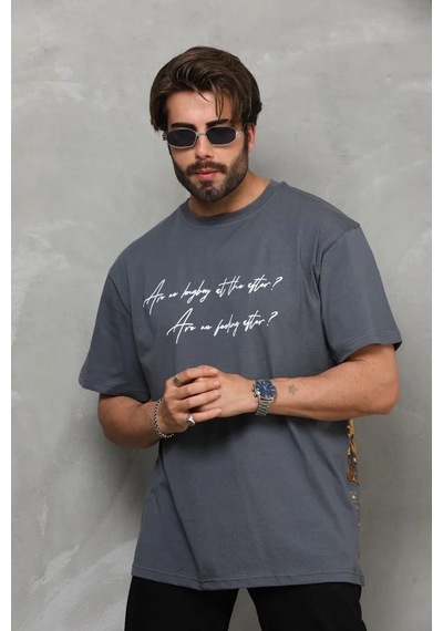 Erkek Bisiklet Yaka Baskılı Oversize T-shirt - Füme Füme