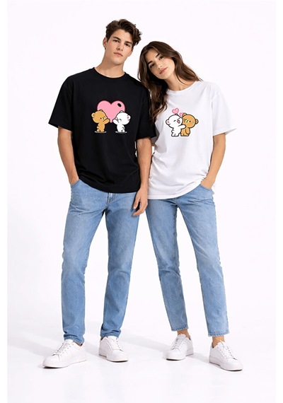 Sevgili Kombini Ayıcık Kalp Baskılı Çift Tişört Oversize Unisex Partner Kombin Seti Siyah - Beyaz