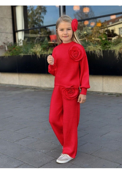 Gül Detaylı Kız Çocuk Triko Takım - 3 Parça Üst + Pantolon + Saç Aksesuarı - 3/12 Yaş - 31581 Kırmızı Gül Detaylı Kız Çocuk Triko Takım - 3 Parça Üst + Pantolon + Saç Aksesuarı - 3/12 Yaş - 31581 Kırmızı