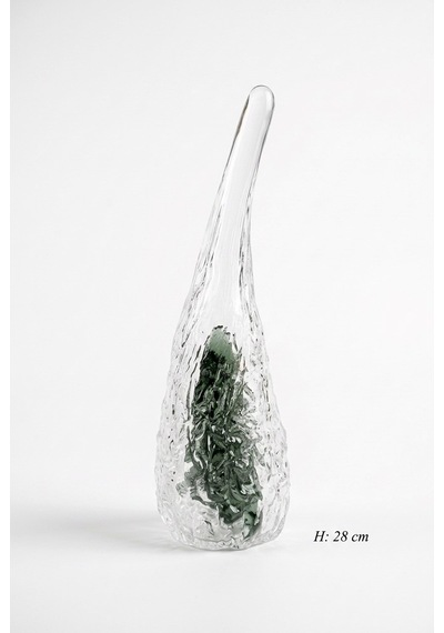 28 Cm Kristal Obje - El Yapımı Modern Organik Cam Heykel Şeffaf & Zümrüt Yeşili