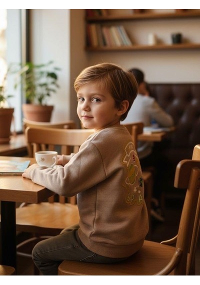 Zekids Erkek Çocuk Pamuklu Gezegen Baskılı Batik Sweatshirt-16332 Bej