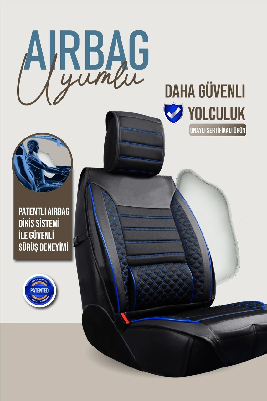 Citroen E-c4 X Uyumlu Lüx Deri Oto Koltuk Kılıfı Ön Arka Takım Elit Siyah Mavi
