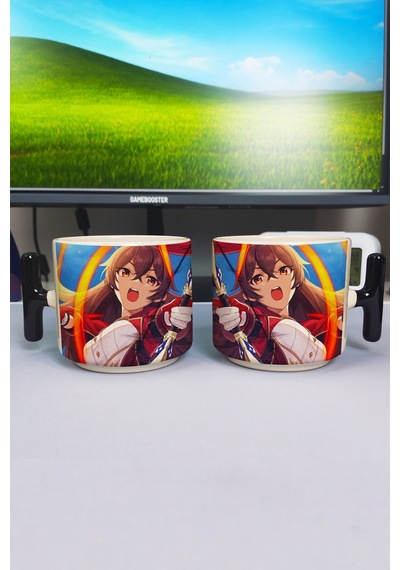 Amber Genshin İmpact Baskılı Seramik Lüks Kupa 1 Adet T Şeklinde Özel Siyah Kulp Dalga Kulp V2t Çok Renkli