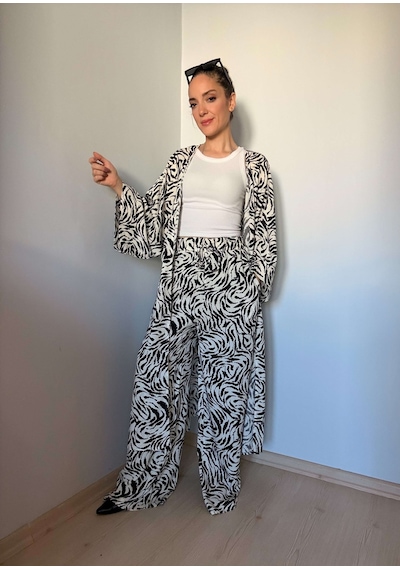 Ali Butik Zebra Desenli Kimono Pantolon Takım Zebra