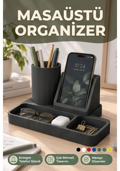 Masaüstü Organizer Telefon Standı Kalemlik Çok Amaçlı Masa Düzenleyici Siyah