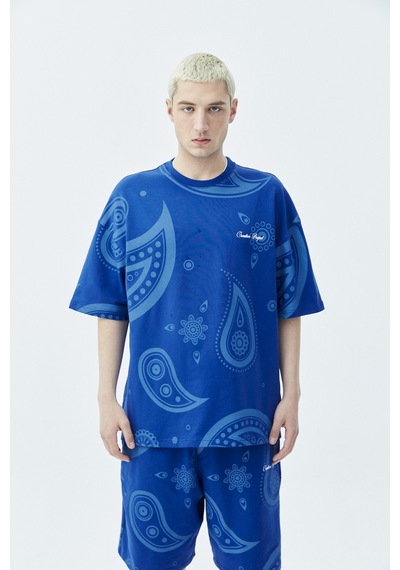 Oversize Desenli Şort Tişört Takım Saks