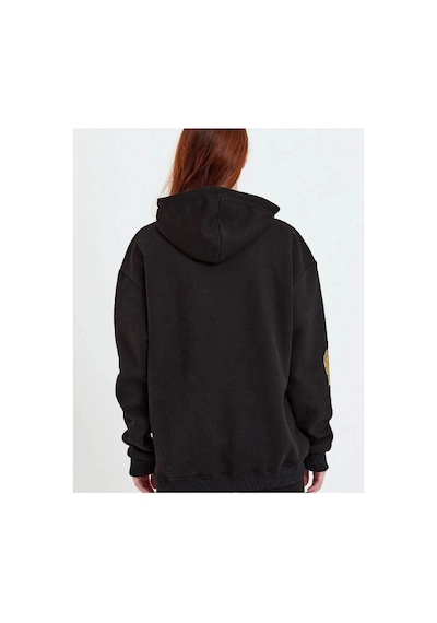 Kadın Oversize Kapüşonlu Cepli Ön Kol Baskılı 3 İplik Pamuklu Hoodie Sweatshirt - Siyah
