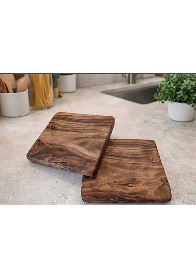 2 Adet Ceviz Ağacı Nihale 16x16 Cm Doğal Masif Ahşap Tencere & Çaydanlık Altlığı
