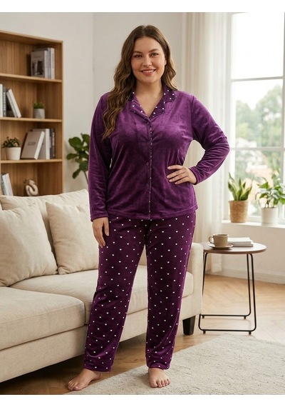 Büyük Beden Boydan Düğmeli Likralı Yumuşak Tuşeli Kadife Kumaş Pijama Takımı Bordo