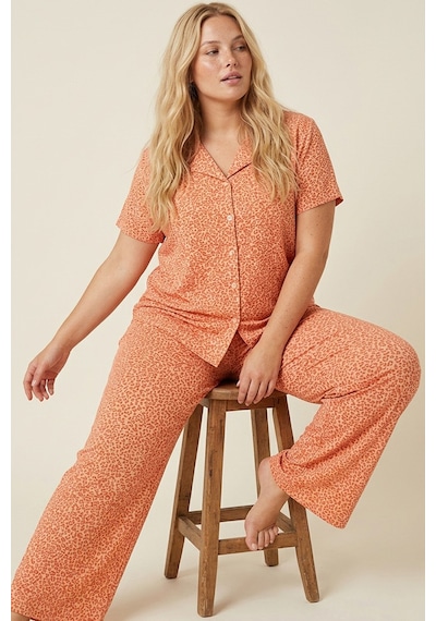 Siyah İnci Büyük Beden Battal Boy Düğmeli Örme Pijama Takım 8016 Somon Leopar
