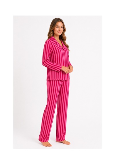 Sleeproom Kadın Süet Mevsimlik Uzun Kol Pembe Pembe Çizgi Desen Pijama Takımı
