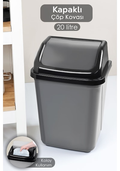 Kapaklı Plastik Çöp Kovası - Ev Ofis Banyo Mutfak Çöp Kovası Gri 20 Litre Gri