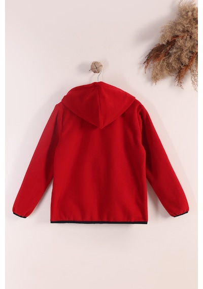 Monox Lastik Manşetli Fermuarlı Kapüşonlu Çocuk Unisex Polar Ceket Kırmızı