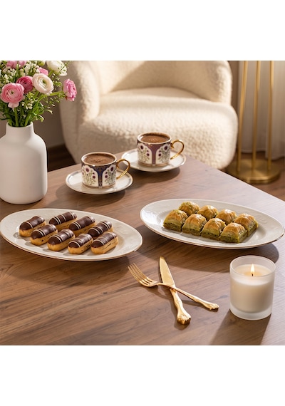 Porsima 4457 Burçak Porselen Altın Fileli Kayık Tabak Seti - Oval Kahvaltılık Sunumluk Seti 25cm Beyaz