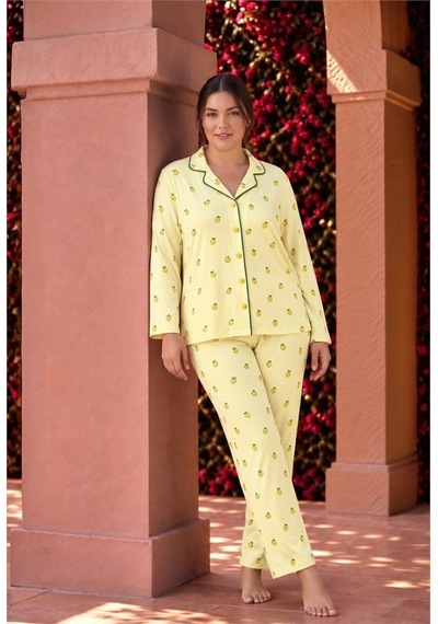 Gizers Giyim Pamuklu Yumuşak Dokulu Büyük Beden Sarı Limon Desenli Yeşil Biyeli Düğmeli Uzun Kollu Pijama Takımı Çok Renkli