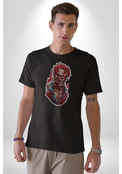 Zombi Kırmızı The Walking Dead Unisex Unisex Siyah Organik Baskılı T-shirt Penye Yüksek Kalite Siyah
